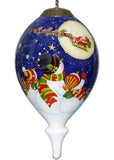 Snowmen Family Watching Santa on a Sleigh Hand Painted Mouth Blown Glass Ornament - Homeroots