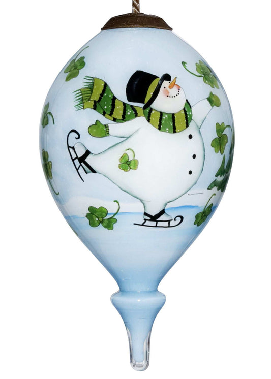 Ice Skating Shamrock Snowman Hand Painted Mouth Blown Glass Ornament - Homeroots - Flyclothing LLC
