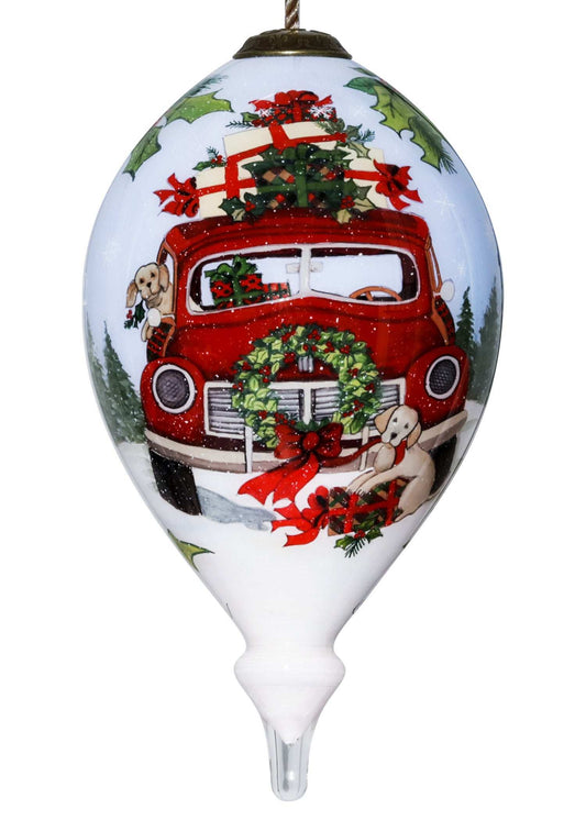 Puppy and Red Truck Christmas Wreath Hand Painted Mouth Blown Glass Ornament - Homeroots - Flyclothing LLC