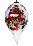 Puppy and Red Truck Christmas Wreath Hand Painted Mouth Blown Glass Ornament - Homeroots
