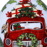 Puppy and Red Truck Christmas Wreath Hand Painted Mouth Blown Glass Ornament - Homeroots