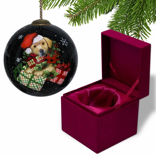 Christmas Puppy with Presents Hand Painted Mouth Blown Glass Ornament - Homeroots - Flyclothing LLC