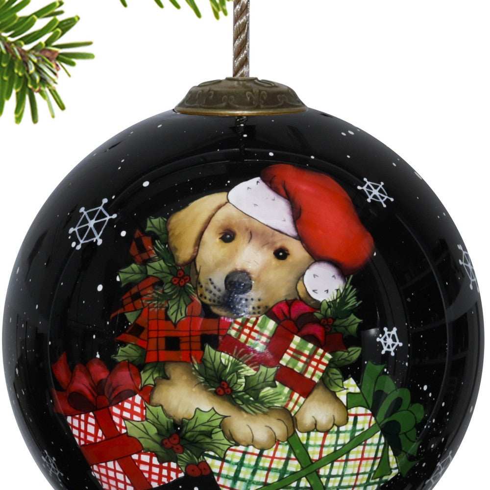 Christmas Puppy with Presents Hand Painted Mouth Blown Glass Ornament - Homeroots - Flyclothing LLC