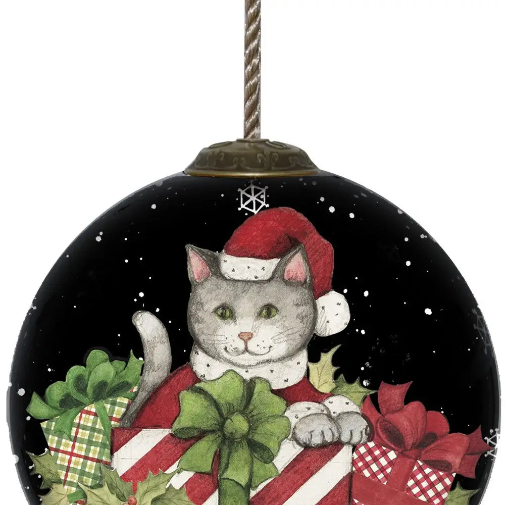 Christmas Cat with Presents Hand Painted Mouth Blown Glass Ornament - Homeroots - Flyclothing LLC