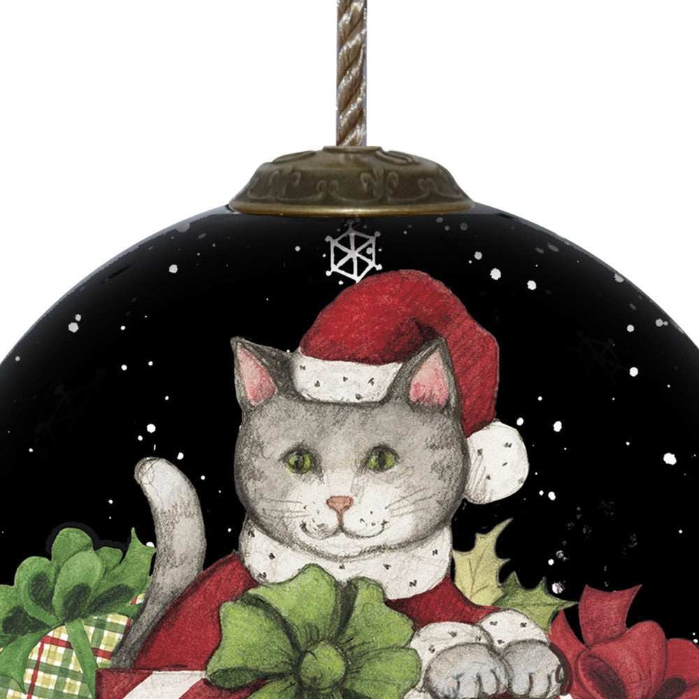 Christmas Cat with Presents Hand Painted Mouth Blown Glass Ornament - Homeroots - Flyclothing LLC