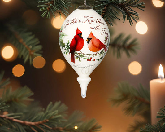 Gather Together With Joy Cardinals Hand Painted Mouth Blown Glass Ornament - Homeroots - Flyclothing LLC
