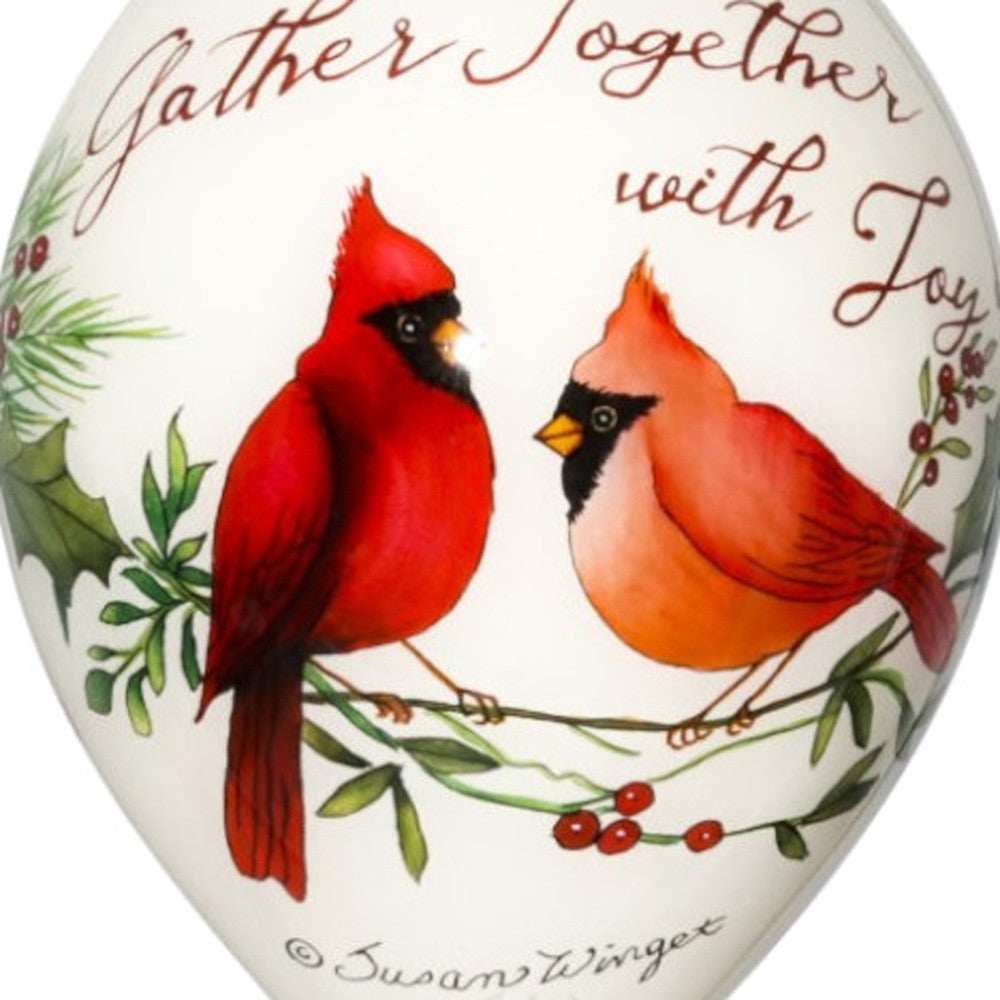 Gather Together With Joy Cardinals Hand Painted Mouth Blown Glass Ornament - Homeroots - Flyclothing LLC