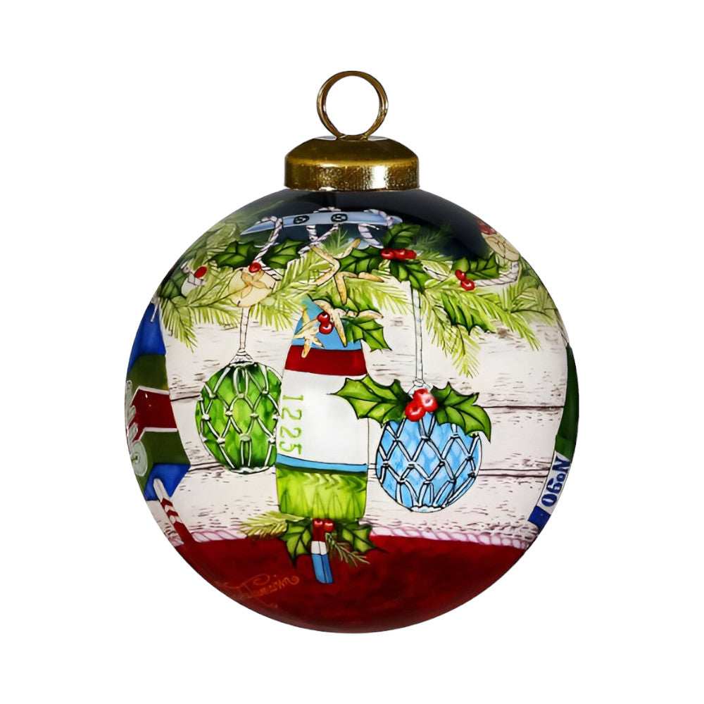 Holly Seas And Greetings Hand Painted Mouth Blown Glass Ornament - Homeroots - Flyclothing LLC
