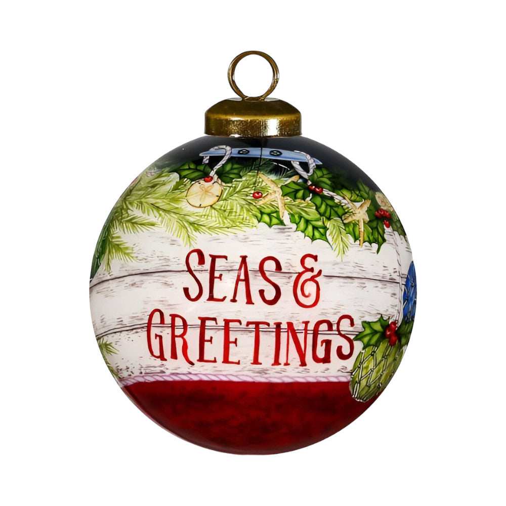 Holly Seas And Greetings Hand Painted Mouth Blown Glass Ornament - Homeroots - Flyclothing LLC