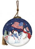Three Snowman and an American Flag Hand Painted Mouth Blown Glass Ornament - Homeroots