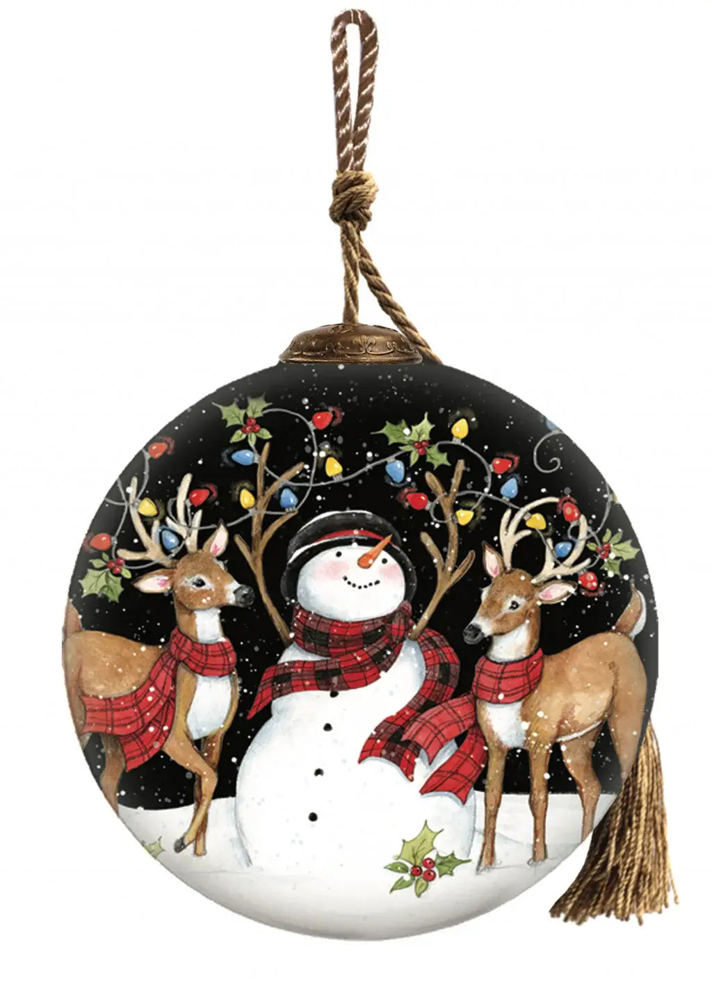 Snowman and Reindeer in Holiday Lights Hand Painted Mouth Blown Glass Ornament - Homeroots - Flyclothing LLC