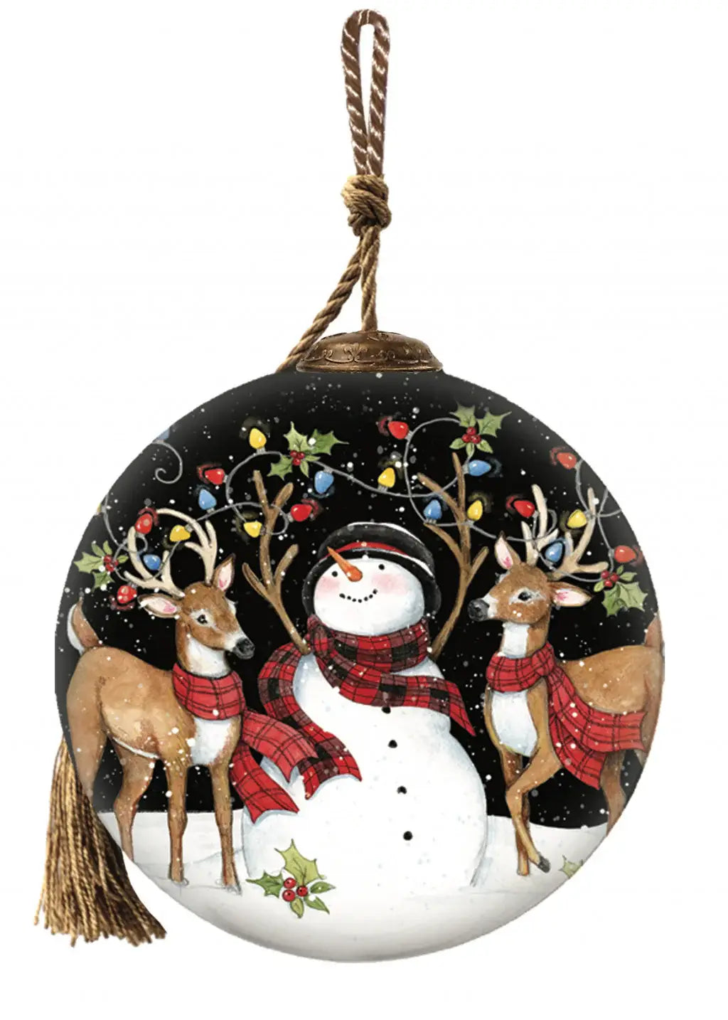 Snowman and Reindeer in Holiday Lights Hand Painted Mouth Blown Glass Ornament - Homeroots - Flyclothing LLC