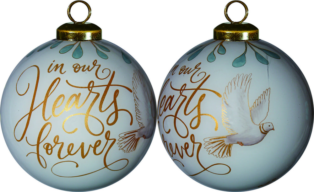White and Gold In Our Hearts Forever Hand Painted Mouth Blown Glass Ornament - Homeroots