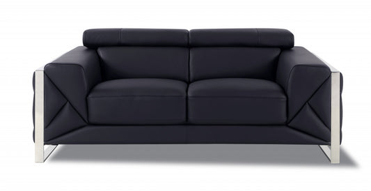 75" Black And Silver Italian Leather Loveseat - Homeroots