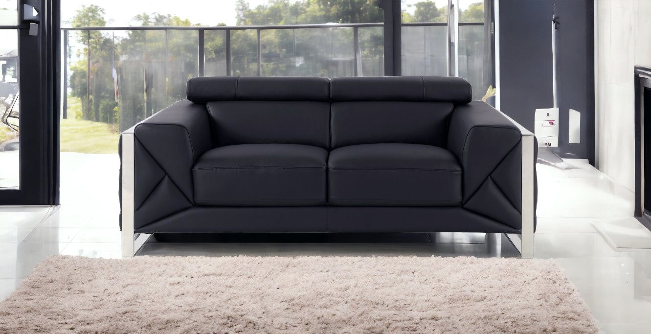 75" Black And Silver Italian Leather Loveseat - Homeroots - Flyclothing LLC