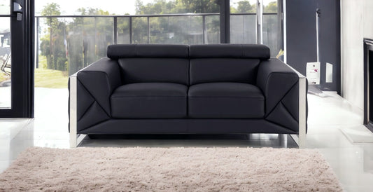75" Black And Silver Italian Leather Loveseat - Homeroots