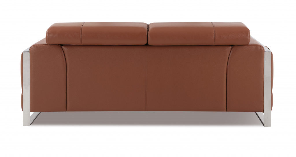 75" Camel And Silver Italian Leather Loveseat - Homeroots - Flyclothing LLC
