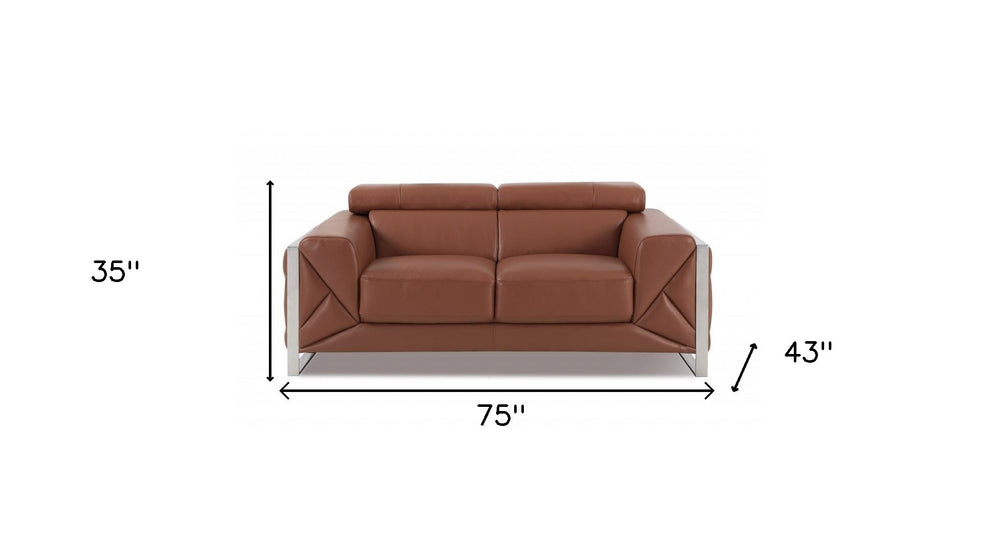 75" Camel And Silver Italian Leather Loveseat - Homeroots - Flyclothing LLC