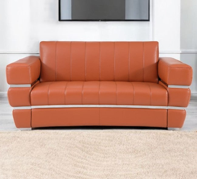 75" Camel And Silver Italian Leather Loveseat - Homeroots - Flyclothing LLC