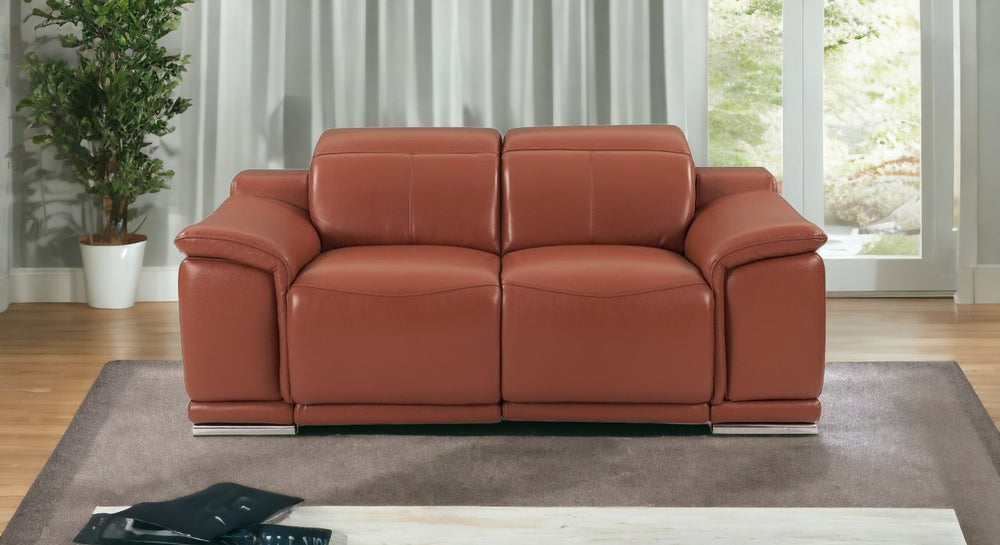 72" Camel And Silver Italian Leather Power Reclining Loveseat - Homeroots - Flyclothing LLC