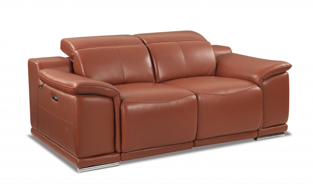 72" Camel And Silver Italian Leather Power Reclining Loveseat - Homeroots - Flyclothing LLC