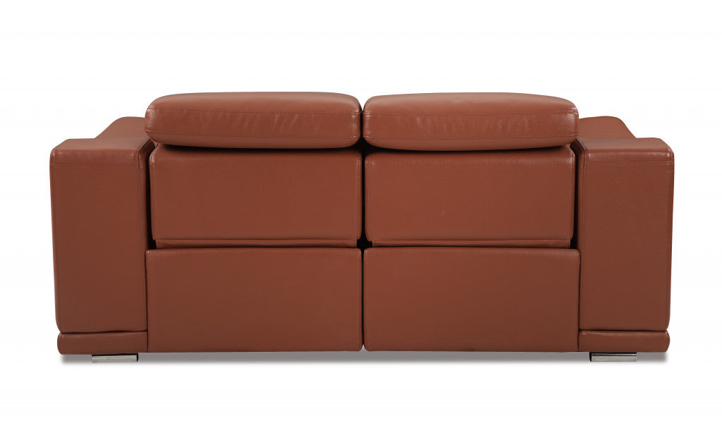 72" Camel And Silver Italian Leather Power Reclining Loveseat - Homeroots - Flyclothing LLC