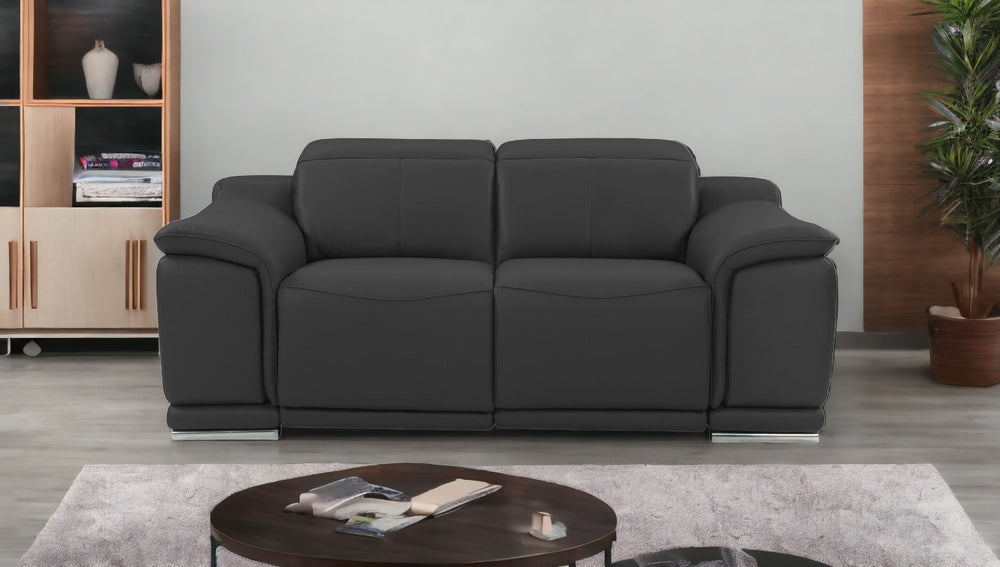 72" Gray And Silver Italian Leather Power Reclining Loveseat - Homeroots - Flyclothing LLC