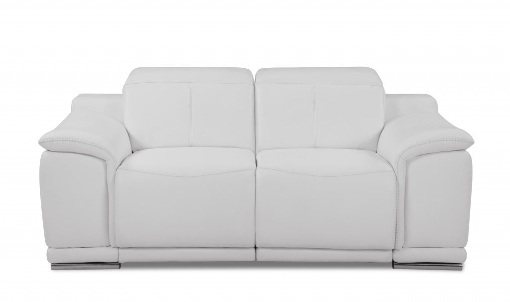 72" White And Silver Italian Leather Power Reclining Loveseat - Homeroots - Flyclothing LLC