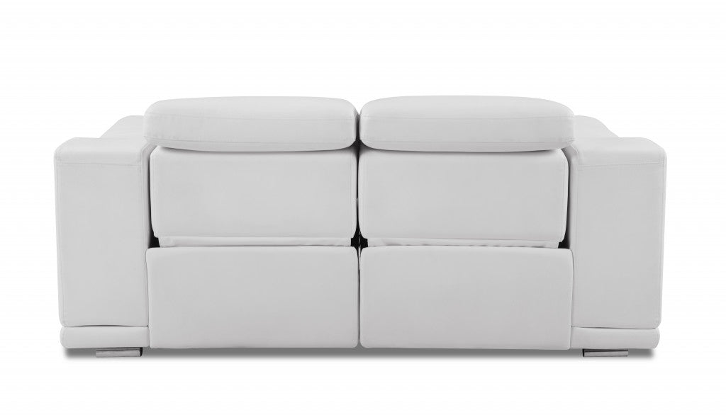 72" White And Silver Italian Leather Power Reclining Loveseat - Homeroots - Flyclothing LLC