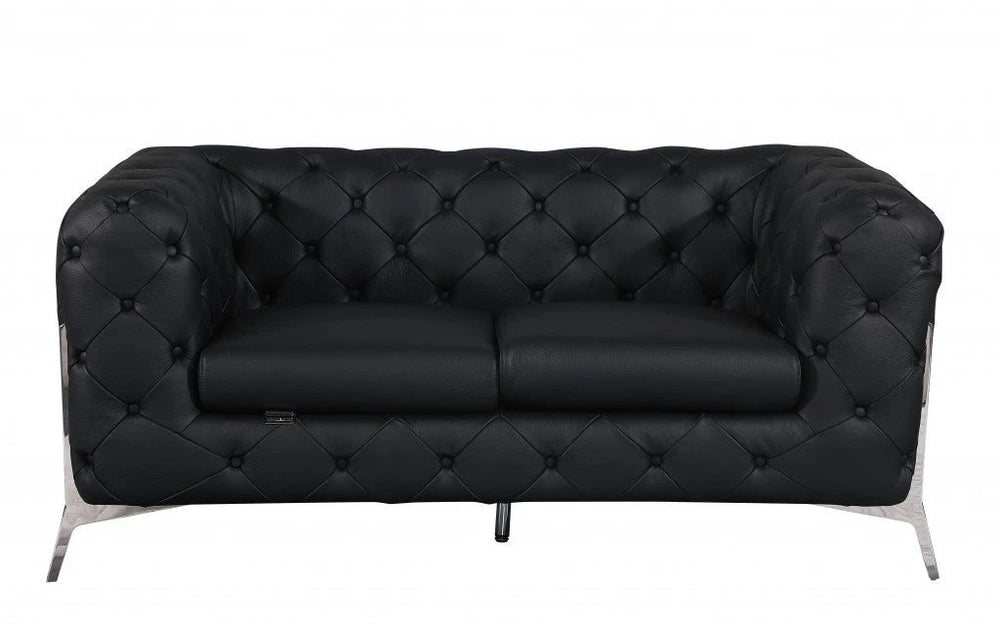 69" Black And Silver Italian Leather Loveseat - Homeroots