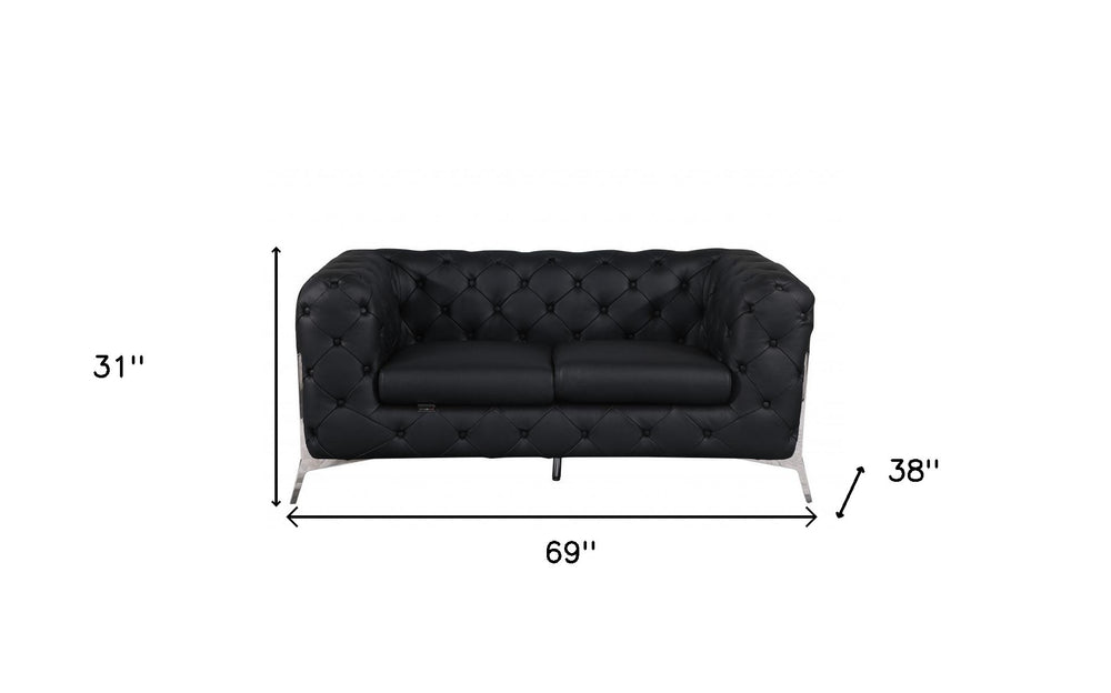 69" Black And Silver Italian Leather Loveseat - Homeroots - Flyclothing LLC