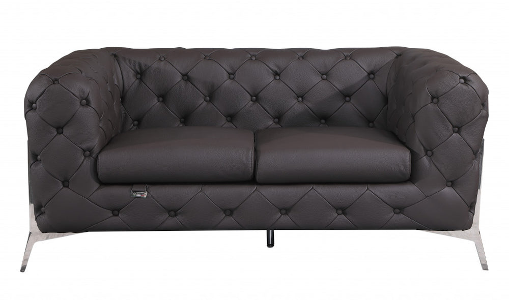 69" Brown And Silver Italian Leather Loveseat - Homeroots - Flyclothing LLC