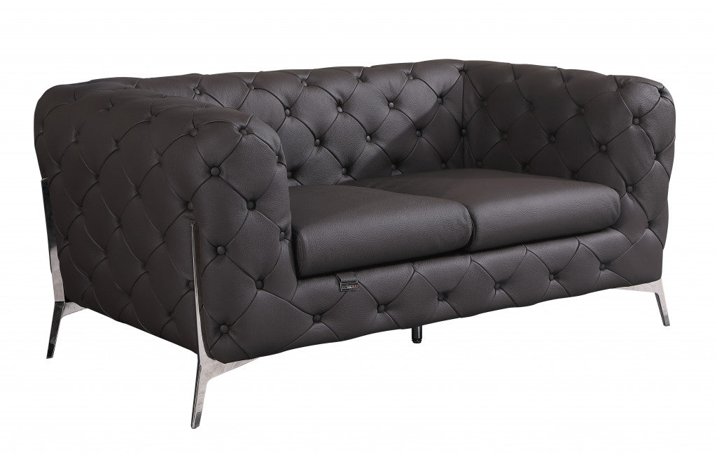 69" Brown And Silver Italian Leather Loveseat - Homeroots - Flyclothing LLC