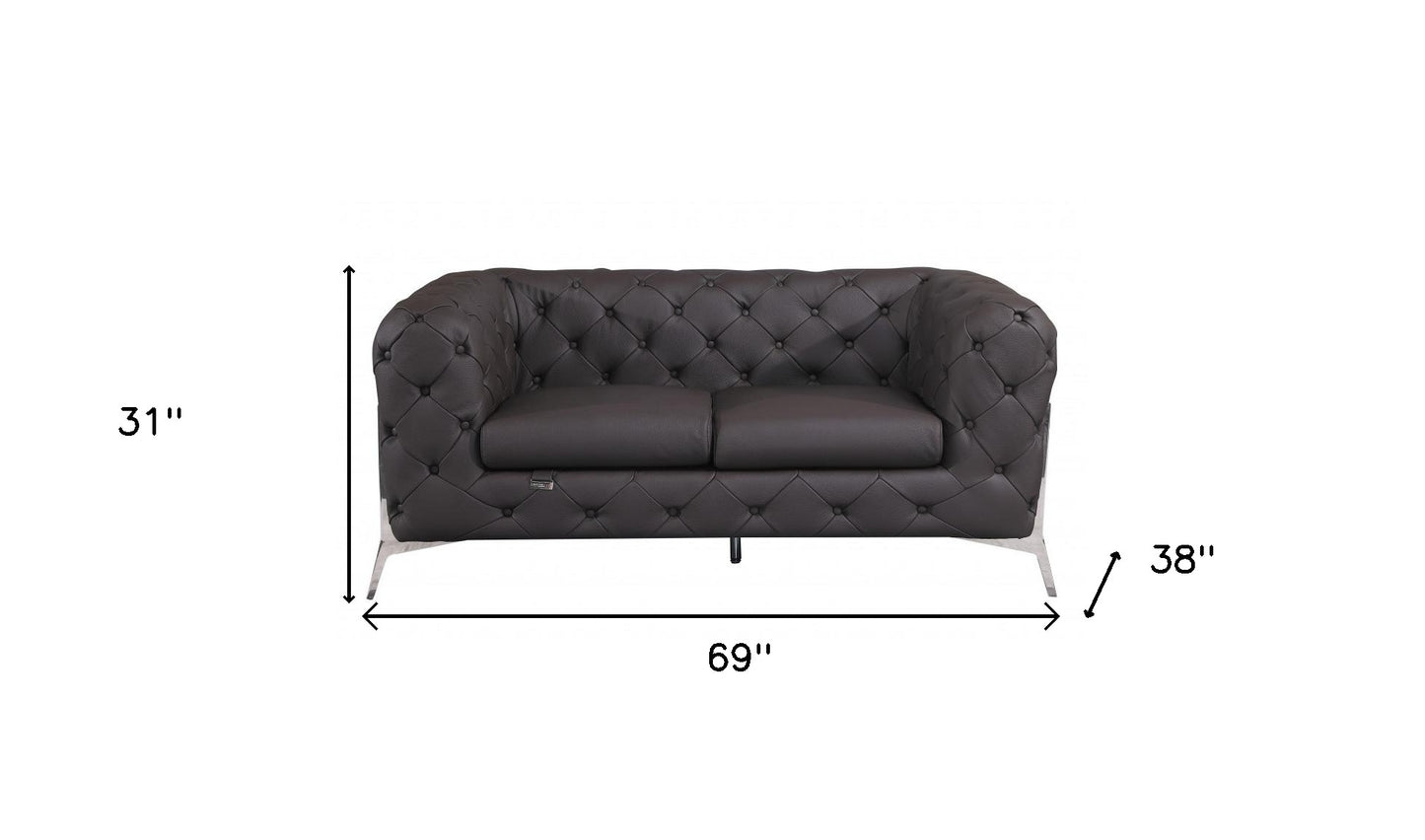 69" Brown And Silver Italian Leather Loveseat - Homeroots - Flyclothing LLC