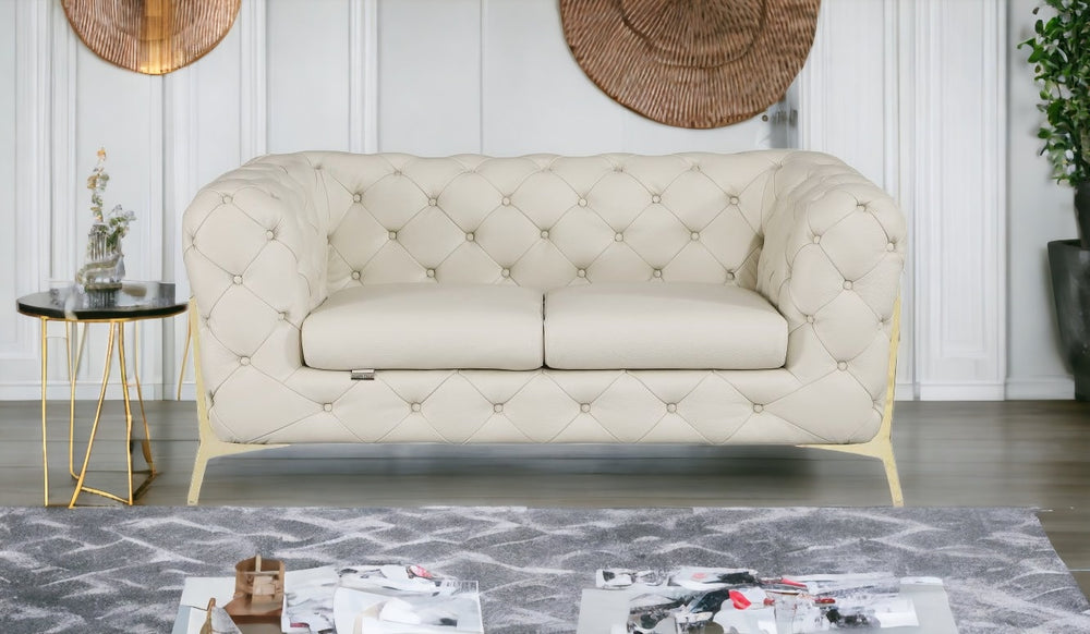 69" Beige And Gold Italian Leather Loveseat - Homeroots - Flyclothing LLC