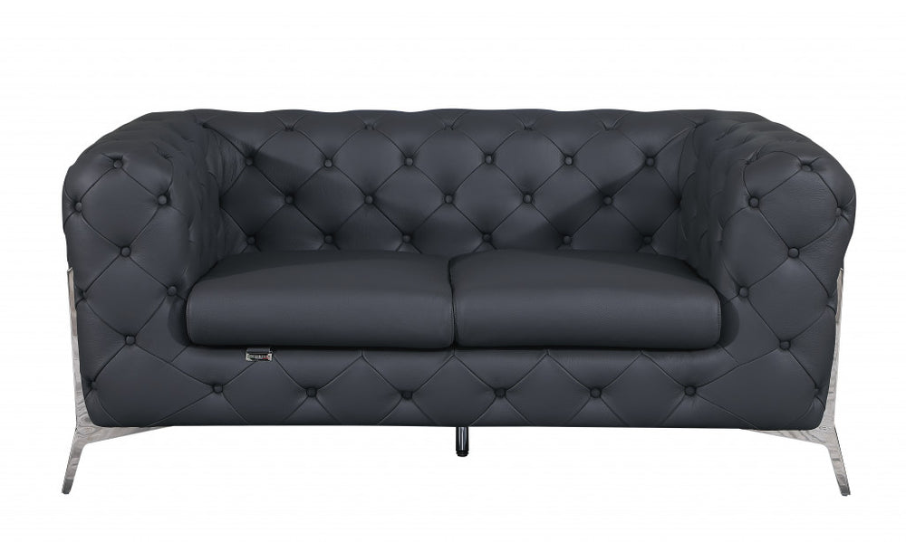 69" Gray And Silver Italian Leather Loveseat - Homeroots