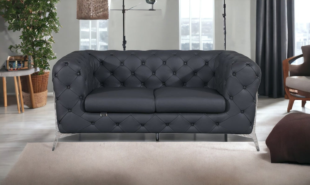 69" Gray And Silver Italian Leather Loveseat - Homeroots - Flyclothing LLC
