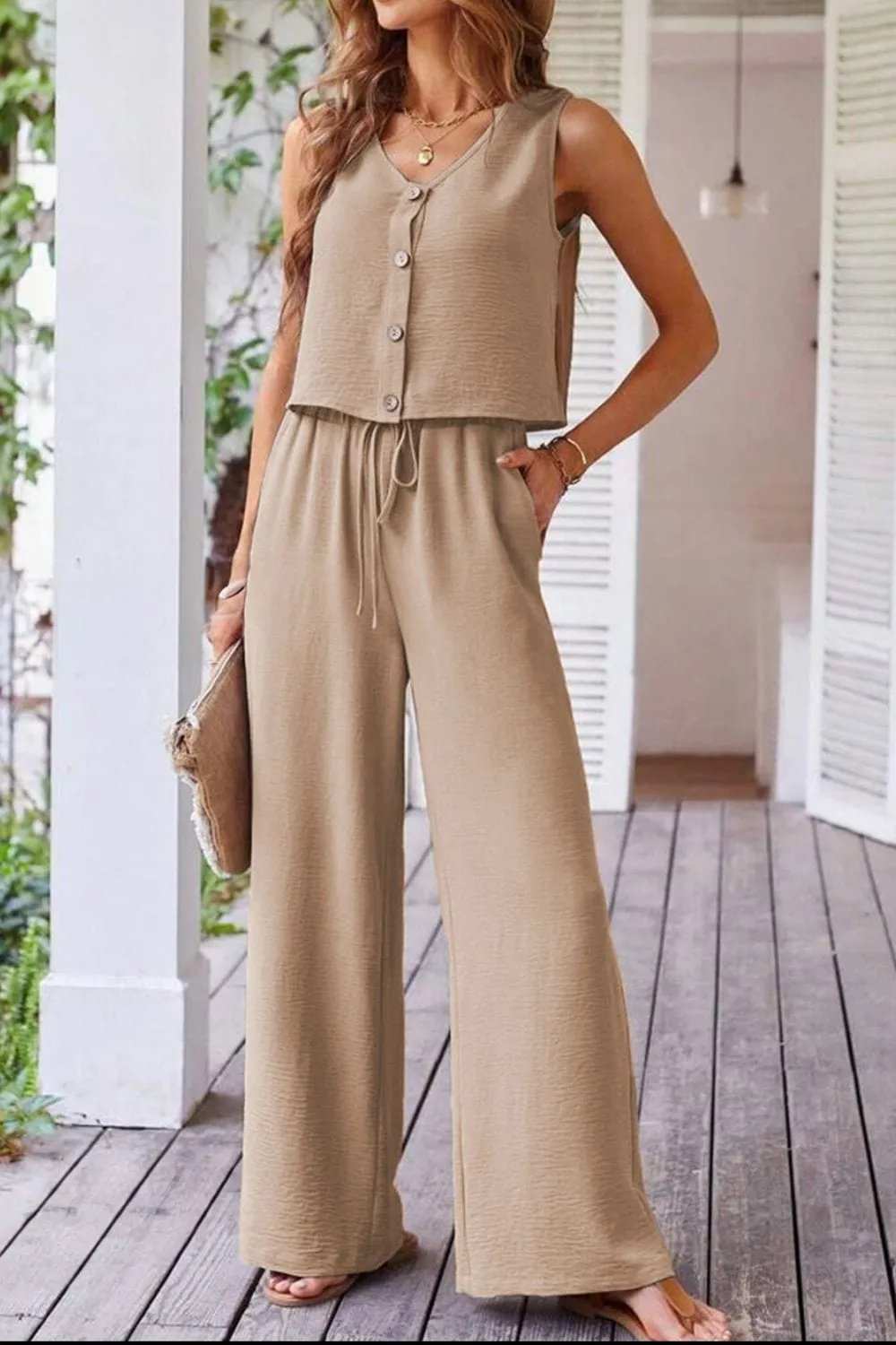 Button Down Vest and Drawstring Wide Leg Pants Set - Trendsi - Flyclothing LLC
