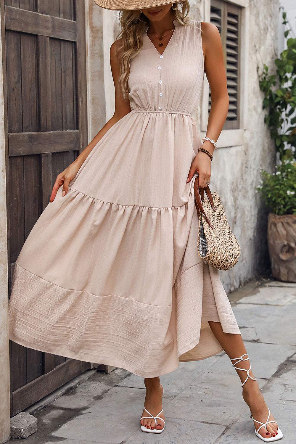 Decorative Button Notched Tiered Dress - Trendsi - Flyclothing LLC