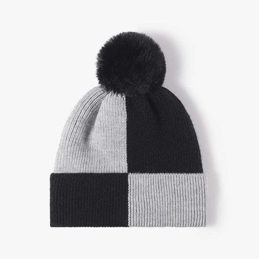 Color Block Knit Hat with Pom-pom - Trendsi - Flyclothing LLC
