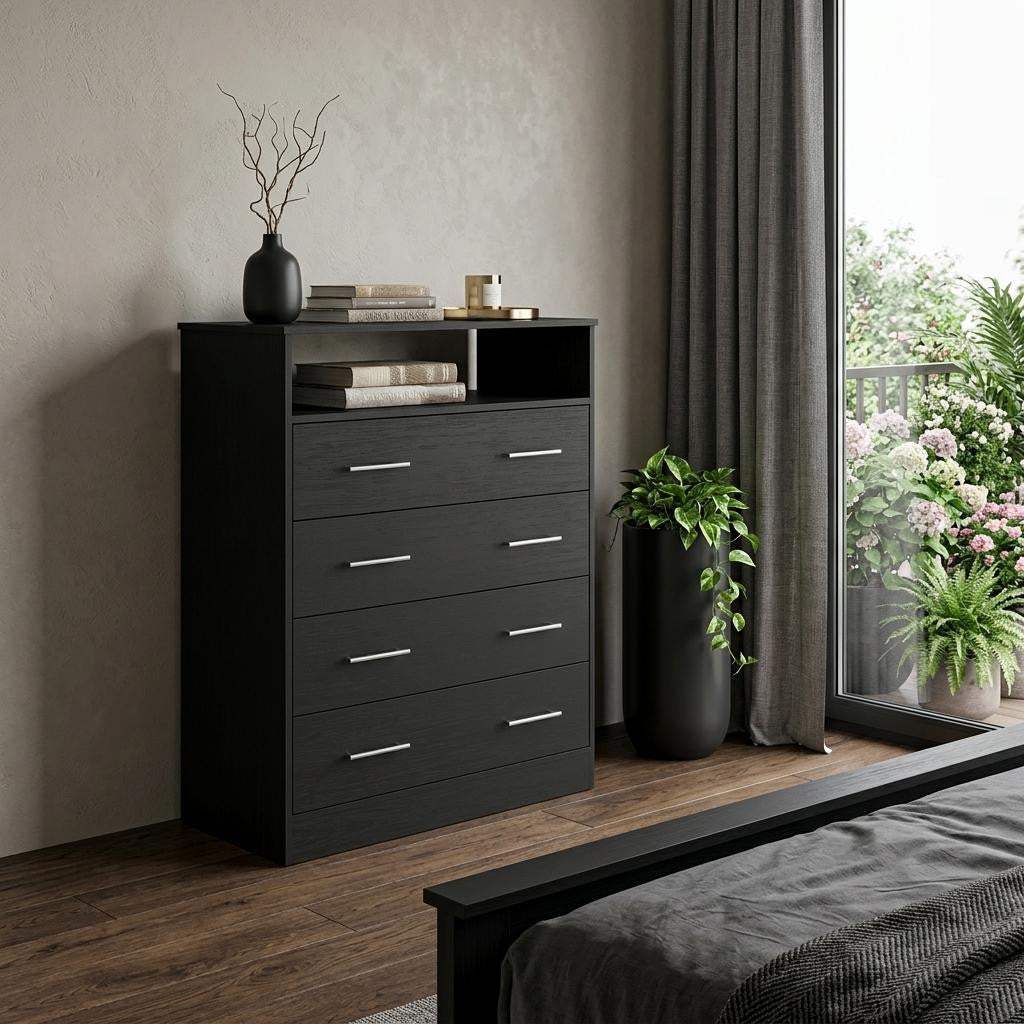 33" Black Wood Four Drawer Dresser - HomeRoots - Flyclothing LLC