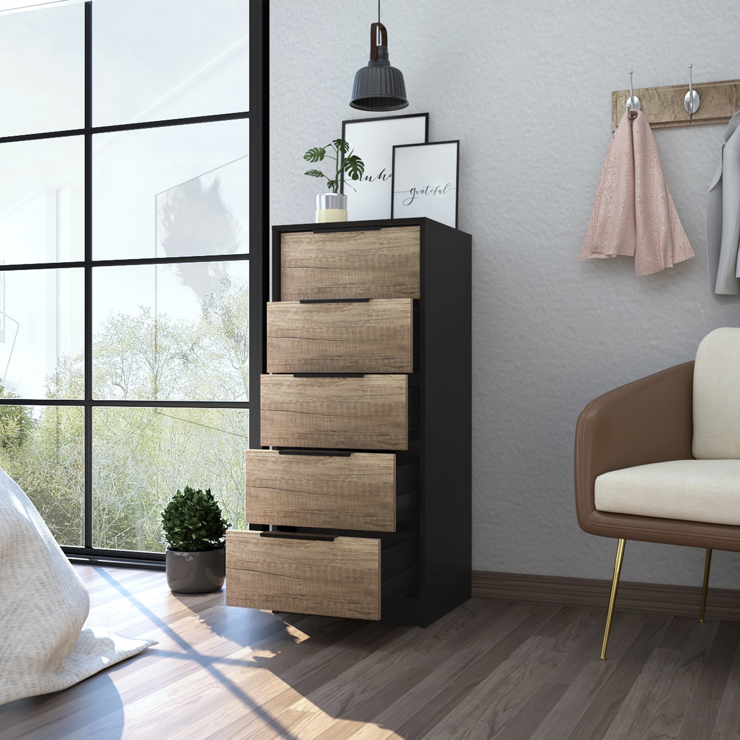 42" Black And Light Oak Manufactured Wood Five Drawer Chest - Homeroots - Flyclothing LLC