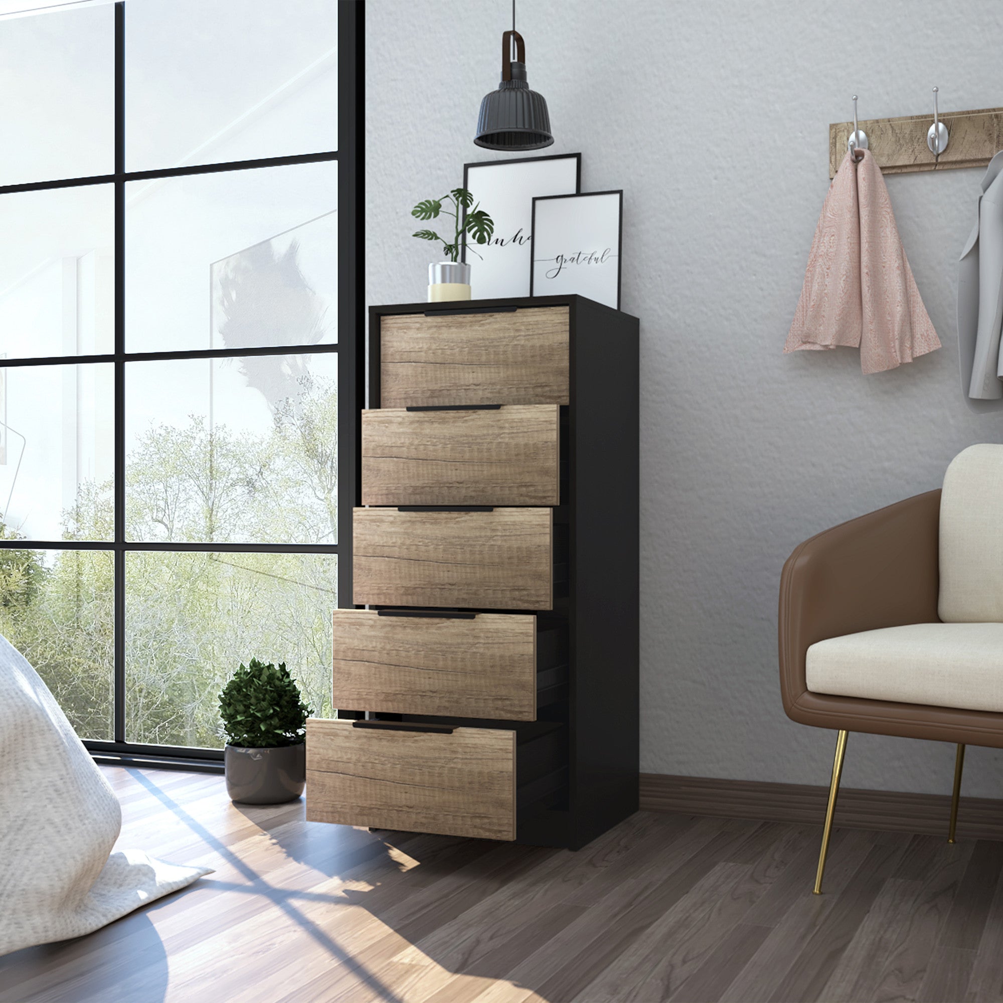 42" Black And Light Oak Manufactured Wood Five Drawer Chest - Homeroots - Flyclothing LLC