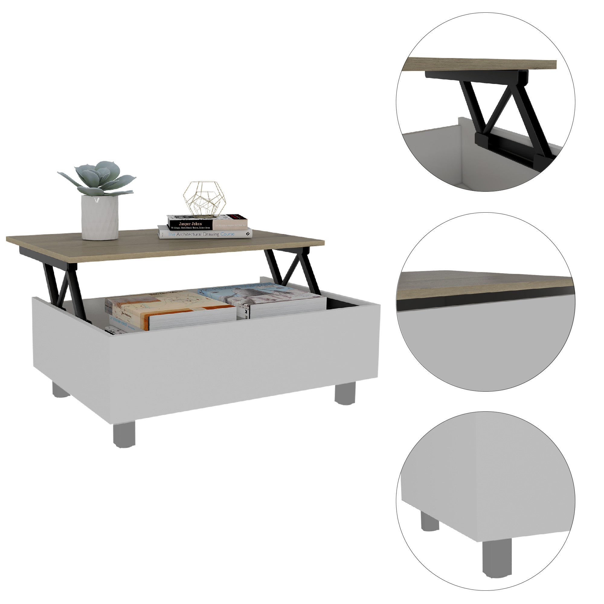32" White And Light Oak Manufactured Wood Rectangular Lift Top Coffee Table With Drawer And Shelf - Homeroots - Flyclothing LLC