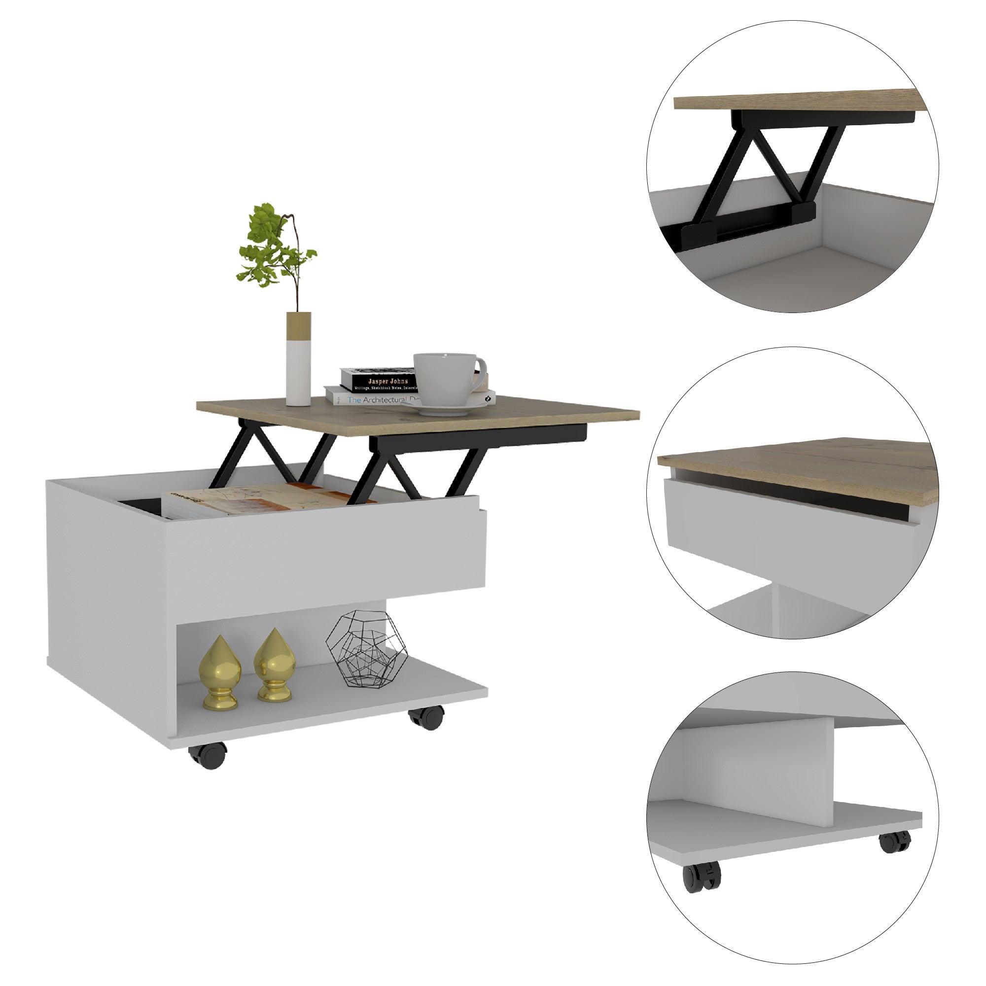 22" White And Light Oak Manufactured Wood Rectangular Coffee Table With Drawer - Homeroots - Flyclothing LLC
