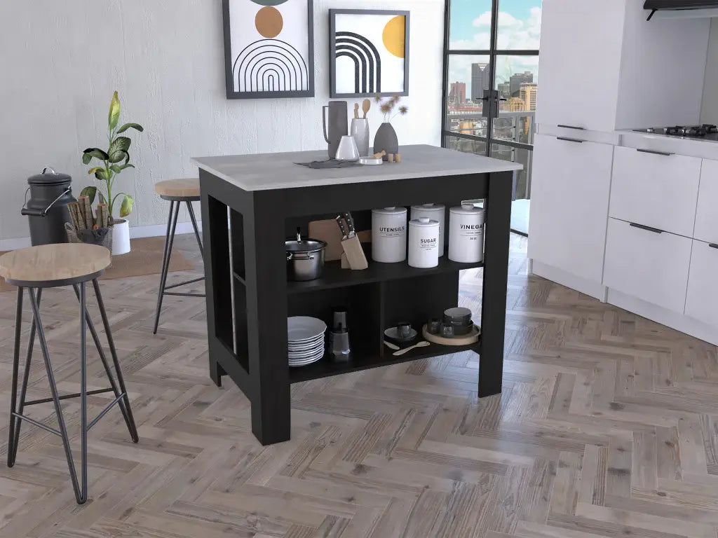 Modern Black Kitchen Island with a Marble Counter Top - Homeroots - Flyclothing LLC