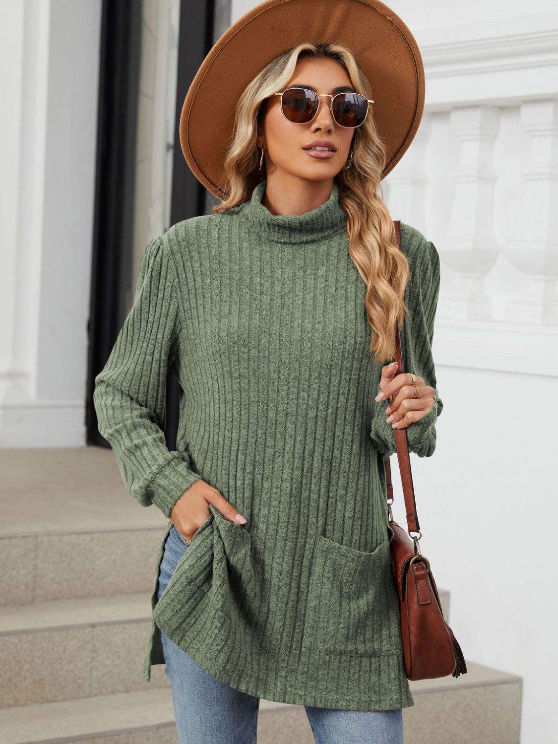 Slit Mock Neck Long Sleeve T-Shirt - Trendsi - Flyclothing LLC
