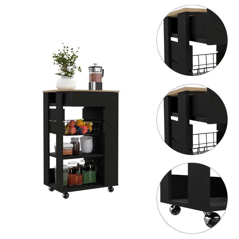 Sleek Black and Light Oak Portable Kitchen Cart - Homeroots - Flyclothing LLC