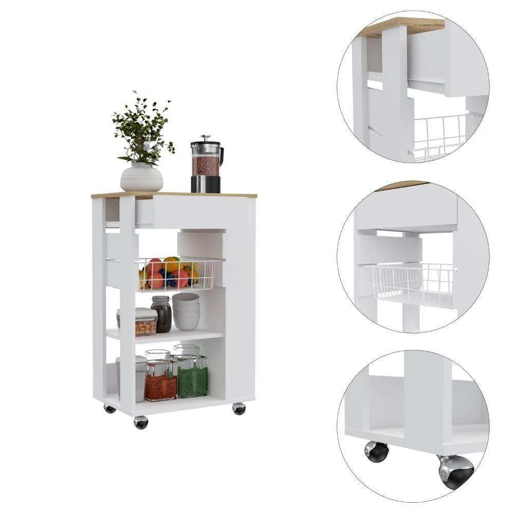 Sleek White and Light Oak Portable Kitchen Cart - Homeroots - Flyclothing LLC