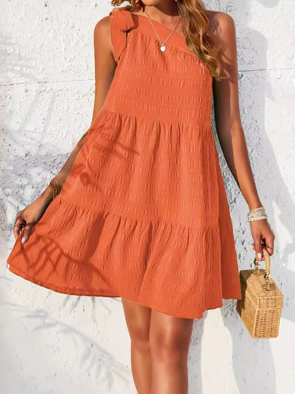 Textured Tied Single Shoulder Mini Dress - Trendsi